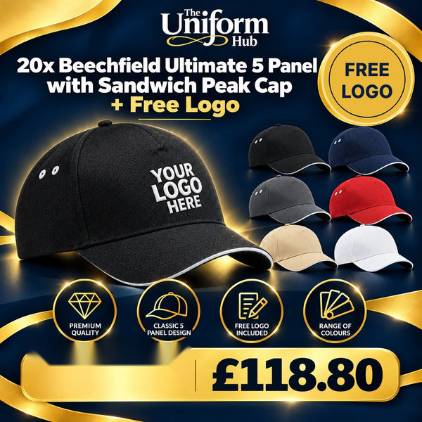 20x Beechfield Ultimate 5 Panel Sandwich Peak Cap + Free Logo