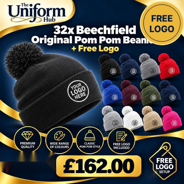 32x Beechfield Original Pom Pom Beanie + Free Logo