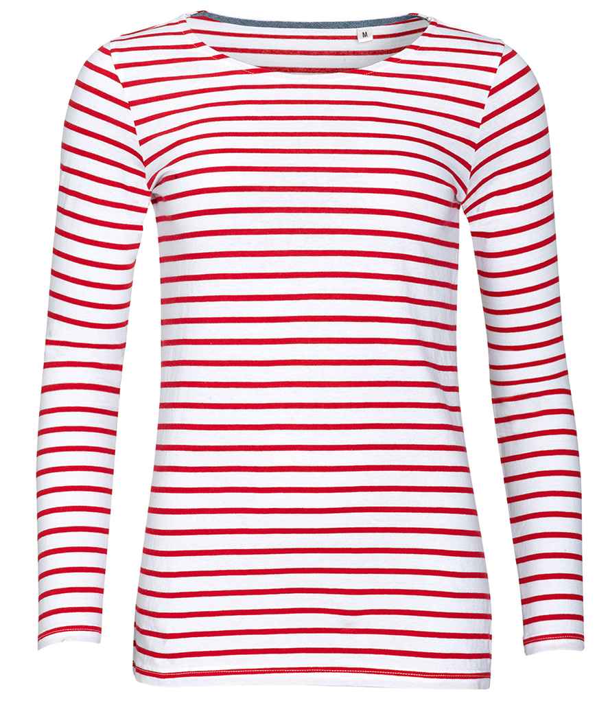 SOL'S Ladies Marine Long Sleeve Striped T-Shirt | White/Red