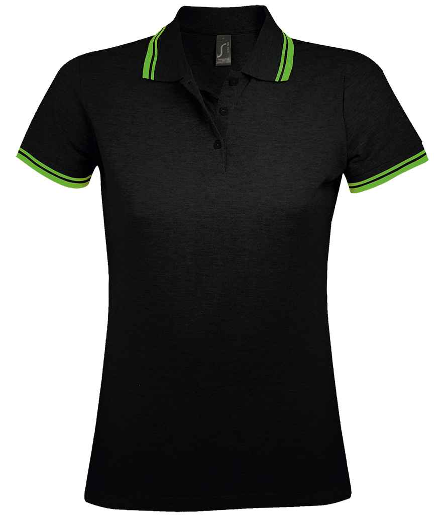 SOL'S Ladies Pasadena Tipped Cotton Piqué Polo Shirt | Black/Lime Green