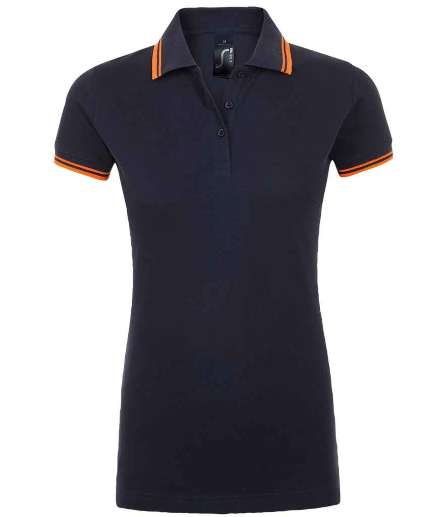 SOL'S Ladies Pasadena Tipped Cotton Piqué Polo Shirt | French Navy/Neon Orange