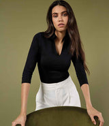 Kustom Kit Ladies 3/4 Sleeve Mandarin Collar Top | Black thumbnail 1