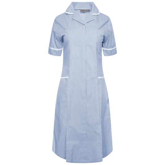 Ladies Dress with Round Collar - Blue/White Stripe/White Trim - 14 - Short