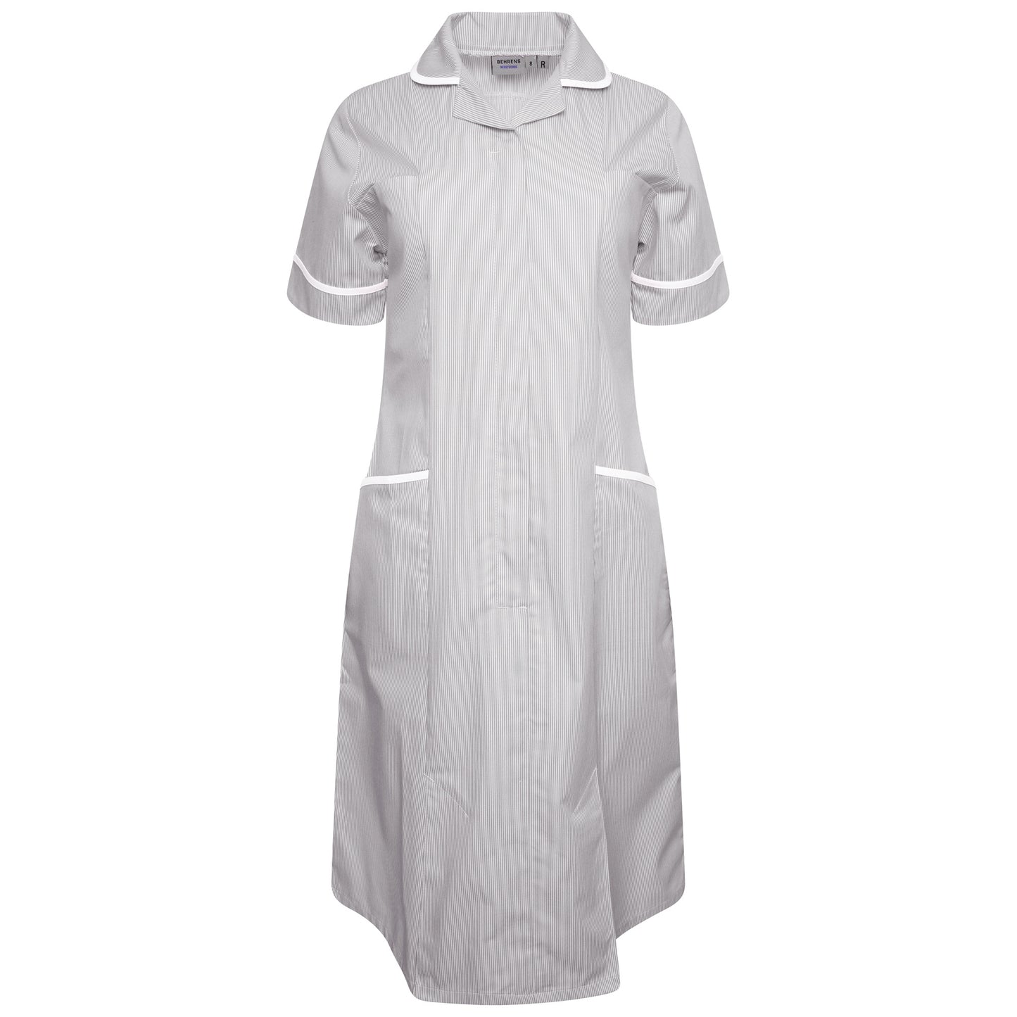Ladies Dress with Round Collar - Grey/White Stripe/White Trim - 10 - Short