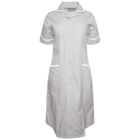 Ladies Dress with Round Collar - Grey/White Stripe/White Trim - 14 - Tall