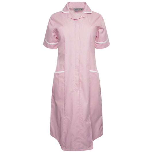 Ladies Dress with Round Collar - Pink/White Stripe/White Trim - 6 - Regular