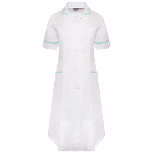 Ladies Dress with Round Collar - White/Eau de Nil Trim - 30 - Regular