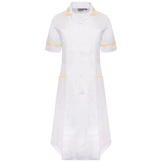 Ladies Dress with Round Collar - White/Yellow Trim - 20 - Short