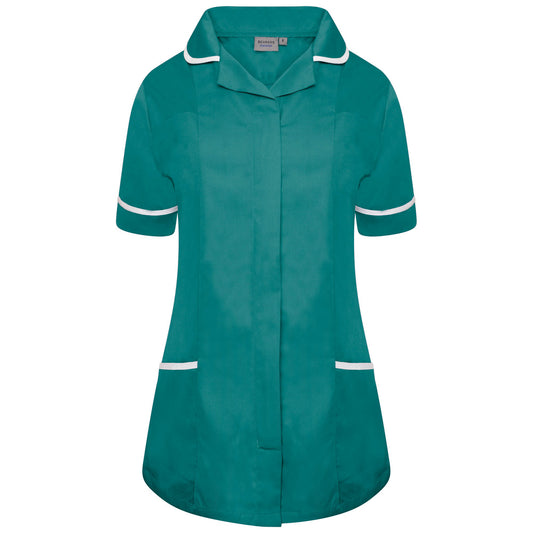 Ladies Tunic with Round Collar - Bottle Green/White Trim - 16