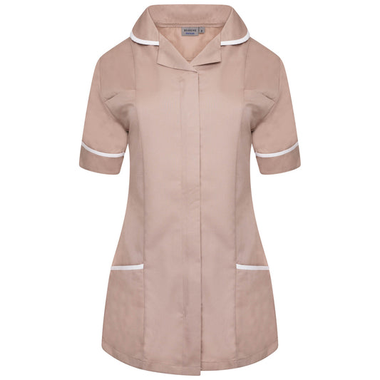 Ladies Tunic with Round Collar - Biscuit/White Trim - 6