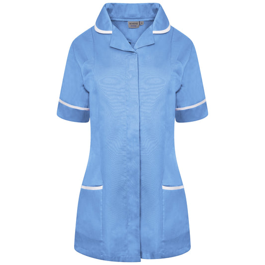 Ladies Tunic with Round Collar - Hospital Blue/White Trim - 14