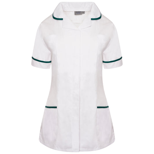Ladies Tunic with Round Collar - White/Bottle Green Trim - 24