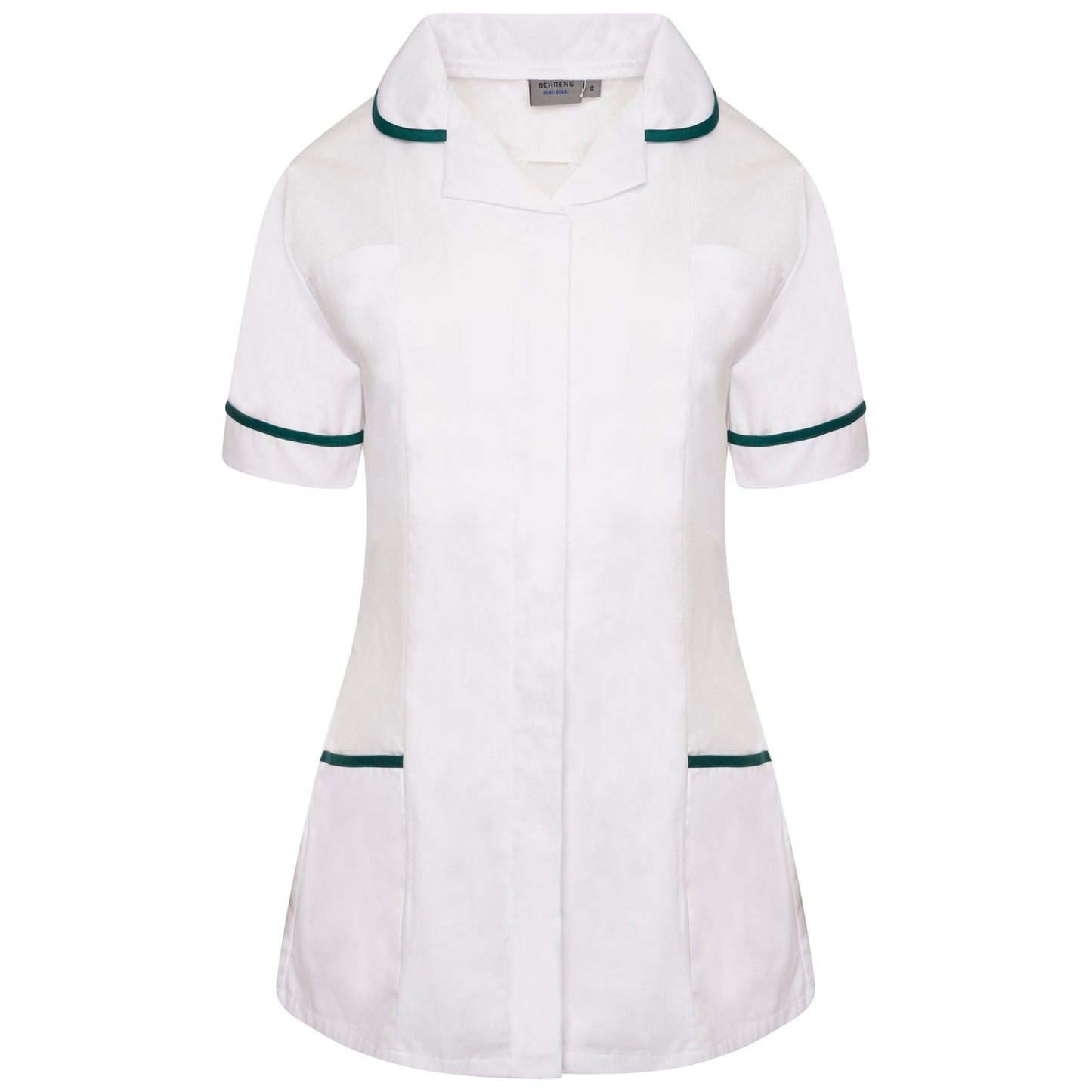 Ladies Tunic with Round Collar - White/Bottle Green Trim - 14