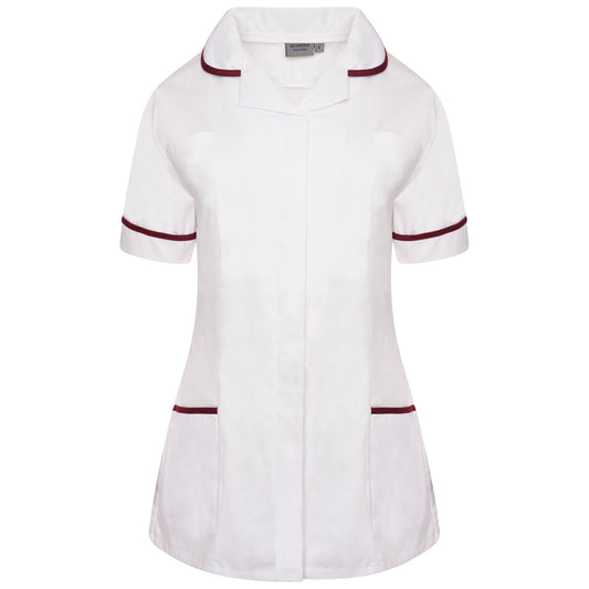 Ladies Tunic with Round Collar - White/Maroon Trim - 28