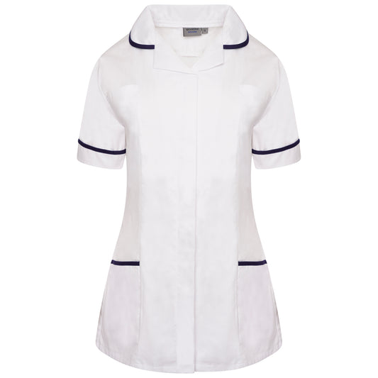 Ladies Tunic with Round Collar - White/Navy Trim - 10