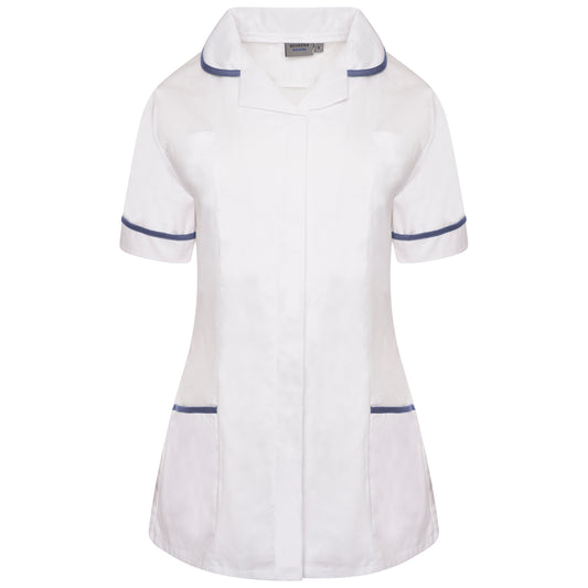 Ladies Tunic with Round Collar - White/Sky Trim - 28