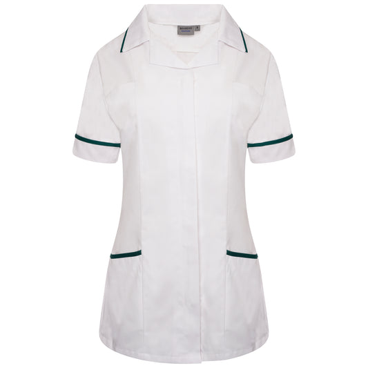 Ladies Tunic with Revere Collar - White/Bottle Green Trim - 14