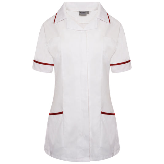 Ladies Tunic with Revere Collar - White/Maroon Trim - 8