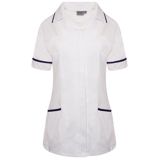 Ladies Tunic with Revere Collar - White/Navy Trim - 8