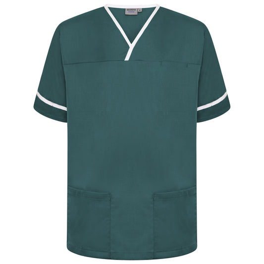 Contrast Trim Smart Scrub Top - Bottle Green/White Trim - L