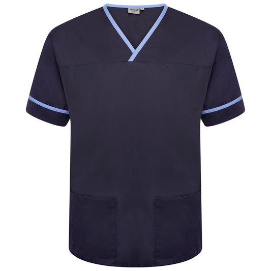 Contrast Trim Smart Scrub Top - Navy/Hospital Blue Trim - XL