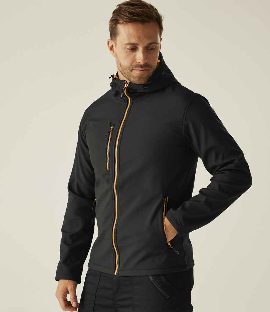 Regatta Navigate Two Layer Hooded Soft Shell Jacket | Black/Orange Pop