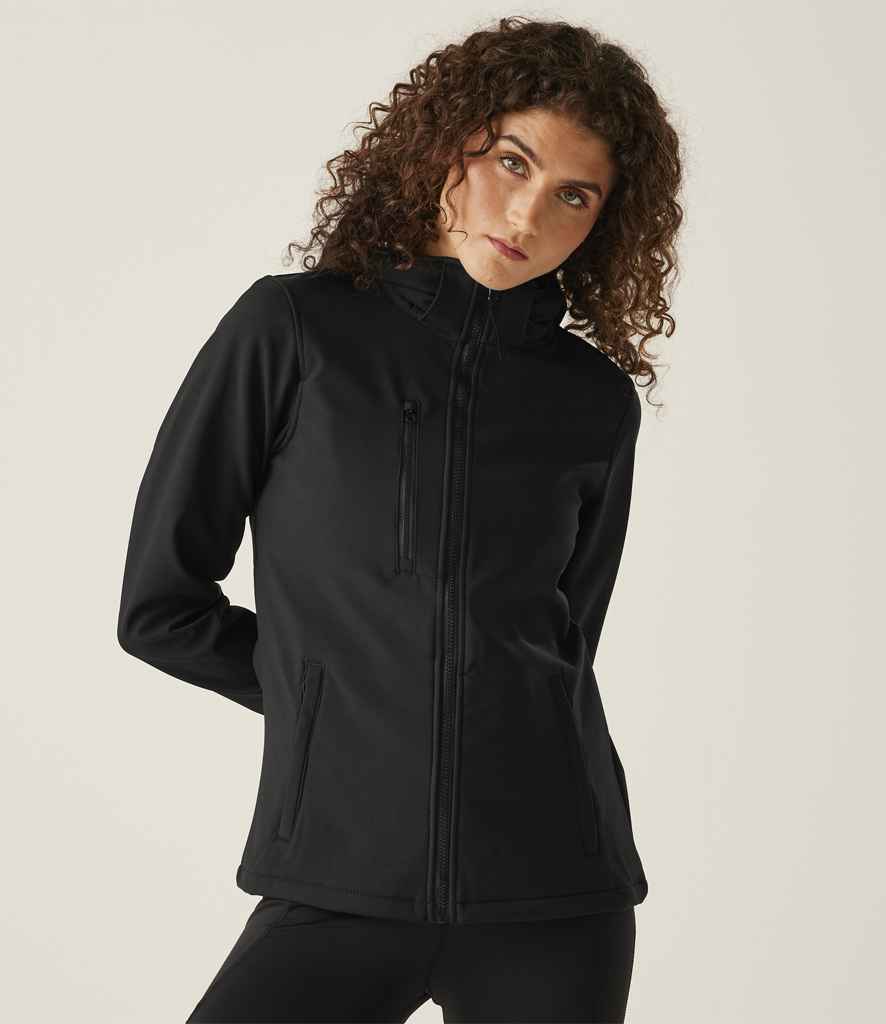 Regatta Ladies Venturer Three Layer Hooded Soft Shell Jacket | Black/Black