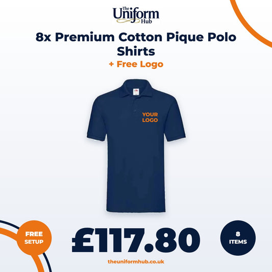 8x Premium Cotton Pique Polo Shirts + Free Logo