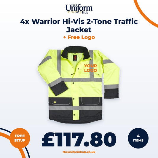 4x Warrior Hi-Vis 2-Tone Traffic Jacket + Free Logo