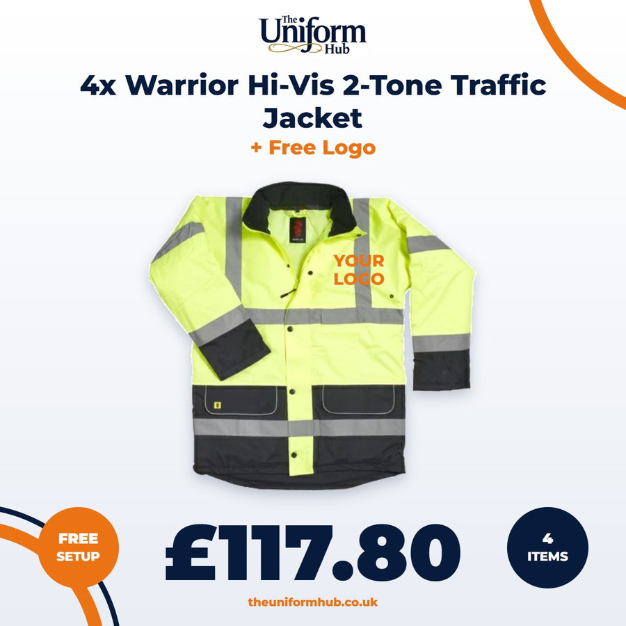 4x Warrior Hi-Vis 2-Tone Traffic Jacket + Free Logo
