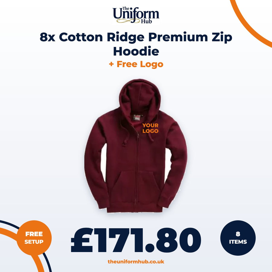 8x Cotton Ridge Premium Zip Hoodie + Free Logo
