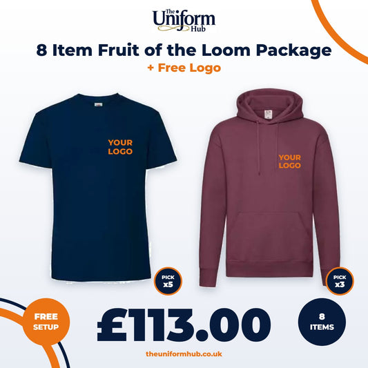 8 Item Fruit of the Loom Package + Free Logo