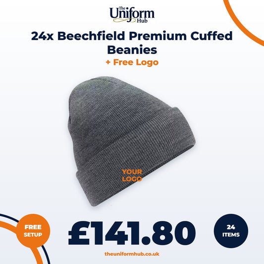 24x Beechfield Premium Cuffed Beanies + Free Logo