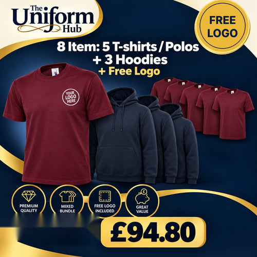 8 Item 5 T-Shirts/Polo Shirts and 3 Hoodie Package + Free Logo