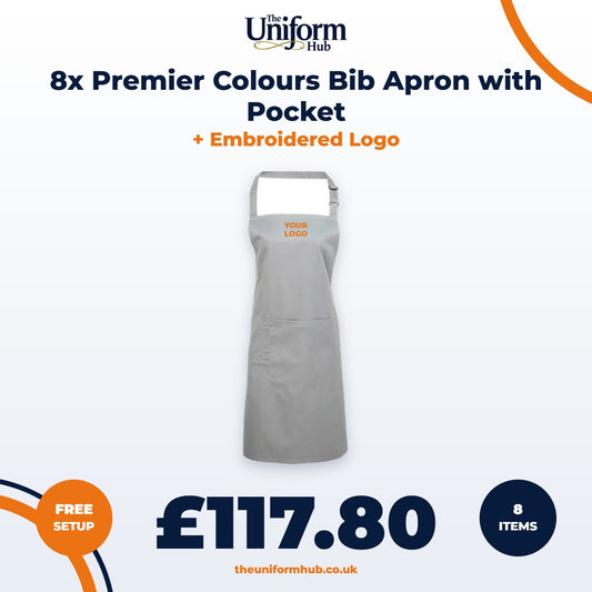 8x Premier Colours Bib Apron with Pocket + Embroidered Logo
