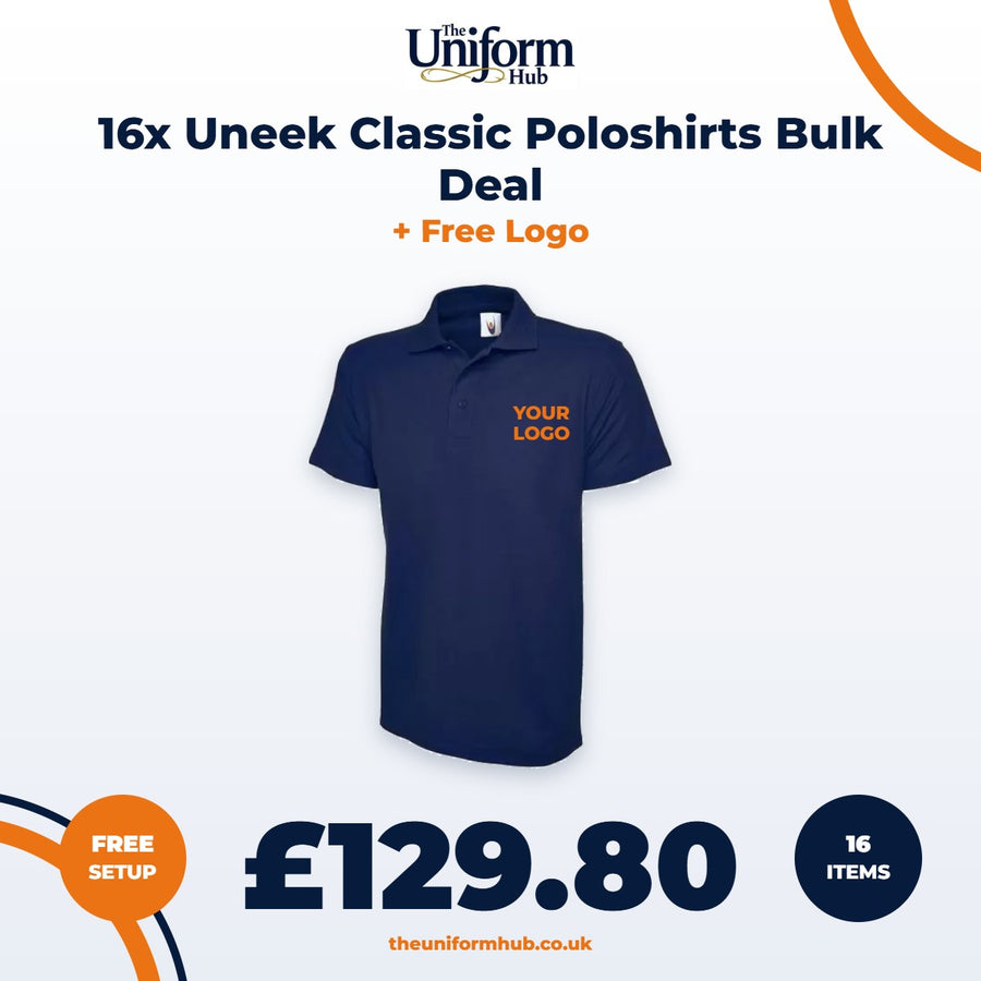 16x Uneek Classic Poloshirts Bulk Deal + Free Logo