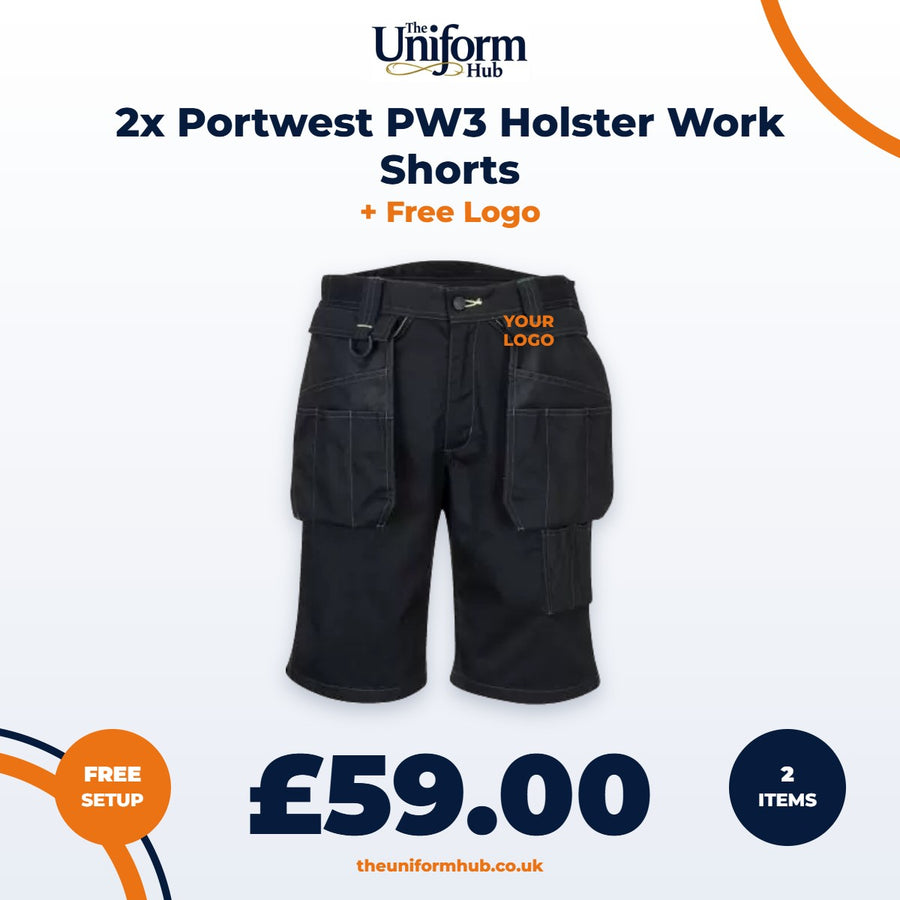 2x Portwest PW3 Holster Work Shorts + Free Logo