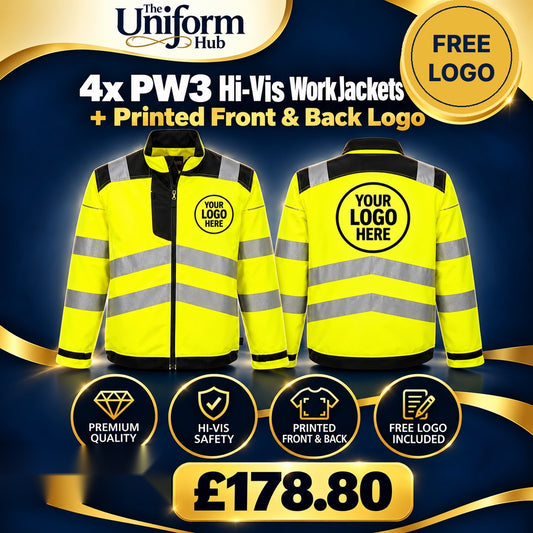 4x PW3 Hi-Vis Work Jacket + Printed Front & Back Logo