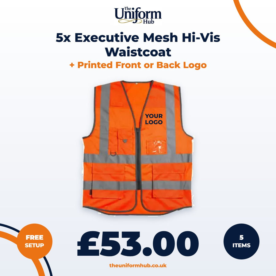 5x Executive Mesh Hi-Vis Waistcoat + Printed Front or Back Logo