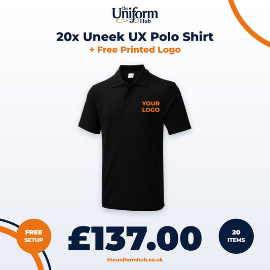 20x Uneek UX Polo Shirt + Free Printed Logo