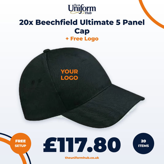 20x Beechfield Ultimate 5 Panel Cap + Free Logo