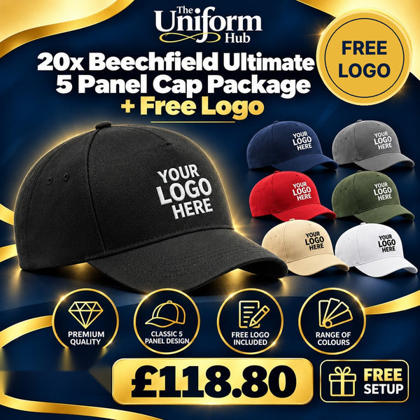 20x Beechfield Ultimate 5 Panel Cap + Free Logo