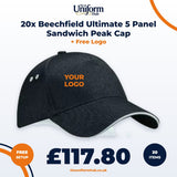 20x Beechfield Ultimate 5 Panel Sandwich Peak Cap + Free Logo thumbnail 1