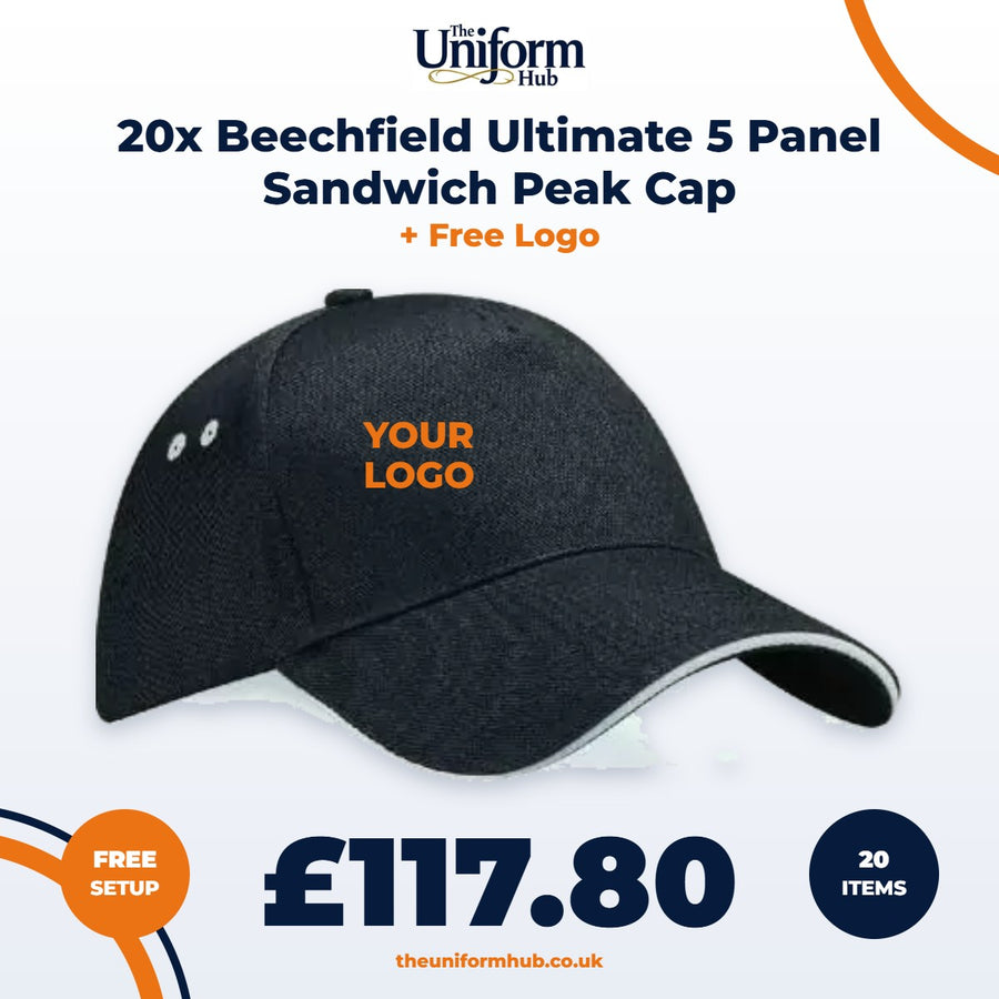 20x Beechfield Ultimate 5 Panel Sandwich Peak Cap + Free Logo