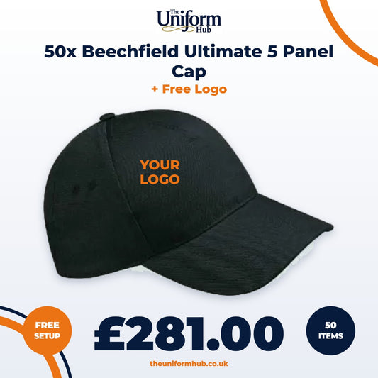 50x Beechfield Ultimate 5 Panel Cap + Free Logo