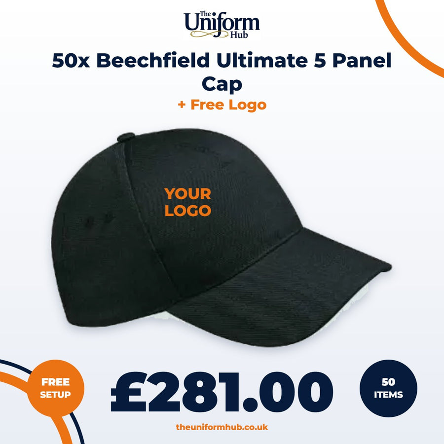 50x Beechfield Ultimate 5 Panel Cap + Free Logo