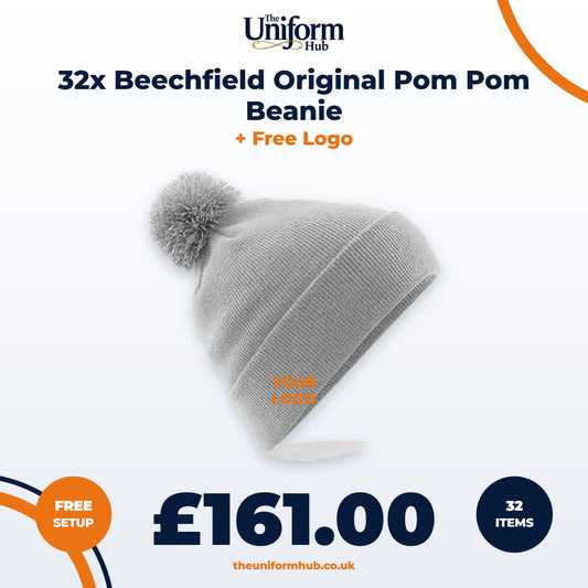 32x Beechfield Original Pom Pom Beanie + Free Logo