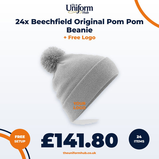 24x Beechfield Original Pom Pom Beanie + Free Logo