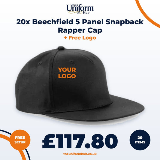 20x Beechfield 5 Panel Snapback Rapper Cap + Free Logo