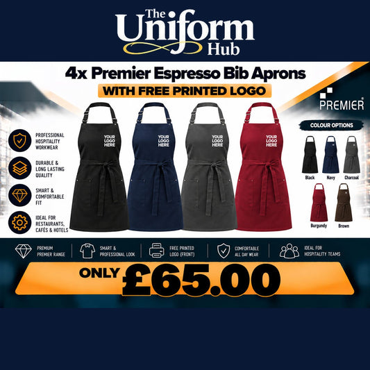 4x Premier Espresso Bib Apron + Free Logo